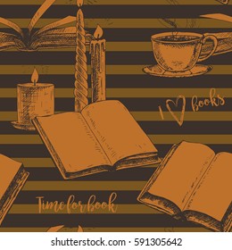 Seamless pattern with books. Hand drawn vector background. Retro sketches. Vintage style. Vector illustration.