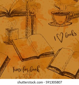Seamless pattern with books. Hand drawn vector background. Retro sketches. Vintage style. Vector illustration.