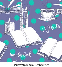 Seamless pattern with books. Hand drawn vector background. Retro sketches. Vintage style. Vector illustration.