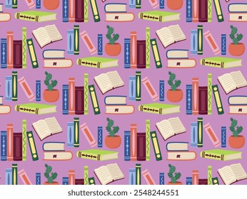 Seamless pattern with books and home plant. Hand drawn colorful background of library theme