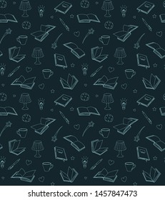 Seamless pattern with books, lamps, pens and cups, vector illustration
