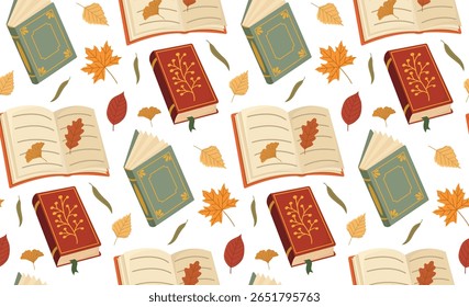 Padrão perfeito com livros e folhas. Fundo brilhante com literatura e vibração de outono