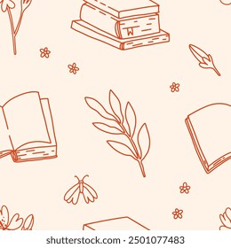 Seamless pattern with books, leaves, florals, butterfly. Magical light academia style line art pattern. Whimsical academic atmosphere vector background