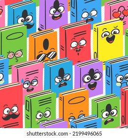 Seamless pattern of books, magazines with empticons and library collection of clip art objects. Doodle reading, note. Vector flat cartoon illustration