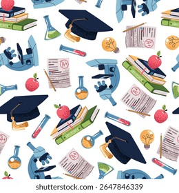 Padrão perfeito com livros, microscópio, tubos de teste e tampa acadêmica. Design de ciência e educação para têxteis escolares, mercadorias acadêmicas, branding de laboratório e materiais para estudantes