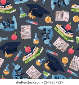 Naadloos patroon met boeken, microscoop, reageerbuizen en academische dop. Wetenschap en onderwijs ontwerp voor school textiel, academische koopwaar, laboratorium branding en student materialen