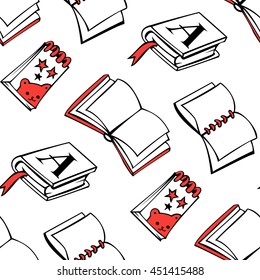 Seamless pattern with books and notebooks. Hand-drawn illustration. Vector.