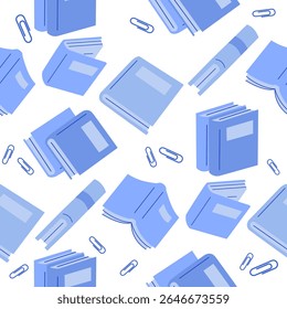 Seamless pattern of books, notebooks, and paper clips in blue monochrome tones on transparent background. Suitable for digital paper, stationery, education-themed products, and fabric.