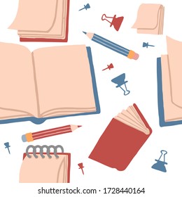 Seamless pattern of books and notepad stack of books empty open book flat vector illustration on white background