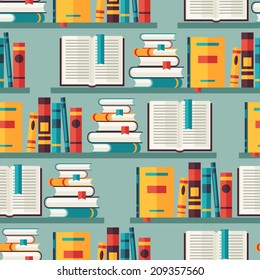 Seamless pattern with books on bookshelves in flat design style.