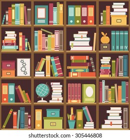 Seamless pattern with books on bookshelves. Vector illustration
