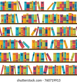 Seamless pattern with books on bookshelves. Library, bookstore. Flat design. Vector illustration