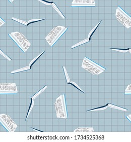 Seamless pattern with books on squared grig paper. Back to school. Book colorful background. Flat illustration. Bookcrossing. Design for banner, flyer,  textile, fabric, packing, website. Education.