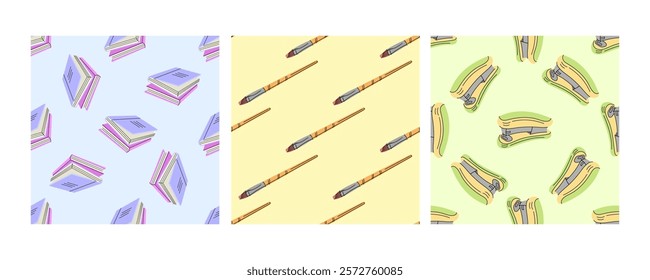 Seamless pattern with books, paintbrushes and staplers on colorful background

