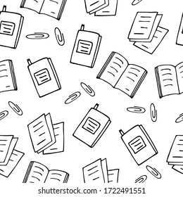Seamless pattern books, paper clips, office supplies on a white background. Doodle, simple outline illustration. It can be used for decoration of textile, paper and other surfaces.