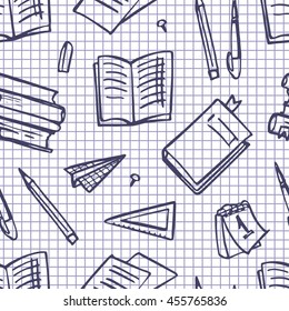 Seamless pattern with books, paper, pencils.