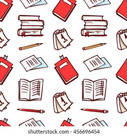 Seamless pattern with books, paper, pencils.