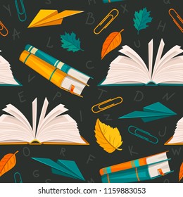 A seamless pattern with books, paper planes and paper clips