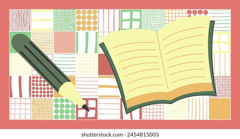 Seamless pattern of books and pencils on a grid pattern background with stripes and dots elements. Handmade flat vector design.