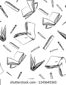 Seamless Pattern with books, pens, pencils and notebooks. Back to school, to the institute - vector decor for cover or wallpaper. White background with black linear hand drawing