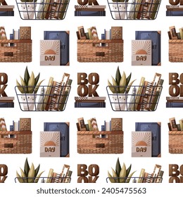 Nahtloses Muster mit Büchern, Topfpflanzen und Holzwort "Buch". Buchladen, Buchladen, Buchliebhaber, Lesen, Innenarchitektur. Vektorgrafik für Verpackungspapier, Scrapbooking, Produktdesign.