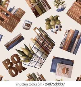Nahtloses Muster mit Büchern, Topfpflanzen und Holzwort "Buch". Buchladen, Buchladen, Buchliebhaber, Lesen, Innenarchitektur. Vektorgrafik für Verpackungspapier, Scrapbooking, Produktdesign.