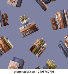 Nahtloses Muster mit Büchern und Topfpflanzen. Buchladen, Buchladen, Buchliebhaber, Lesen, Innenarchitektur. Vektorgrafik für Verpackungspapier, Scrapbooking, Produktdesign.