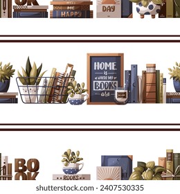 Seamless pattern with books, potted plants, bookish poster. Bookstore, bookshop, bookshelf, book lover, reading, interior concept. Vector illustration.