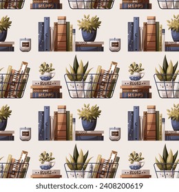 Seamless pattern with books and potted plants. Bookstore, bookshop, book lover, reading, interior concept. Vector illustration for wrapping paper, scrapbooking, product design.