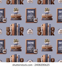 Seamless pattern with books, potted plants, bookish poster. Bookstore, bookshop, bookshelf, book lover, reading, interior concept. Vector illustration.