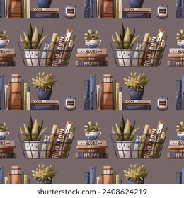 Seamless pattern with books and potted plants. Bookstore, bookshop, book lover, reading, interior concept. Vector illustration for wrapping paper, scrapbooking, product design.