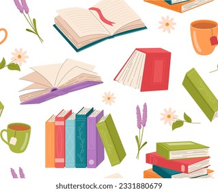 Seamless pattern with books. Repeating design element for printing on fabric. Mug of hot tea, textbooks and fiction. Knowledge and information. Literature and reading. Cartoon flat vector illustration