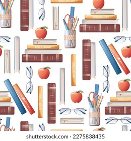 Seamless pattern with books, stationery, apple. School texture. Great for fabric, paper, wallpaper, scrapbooking