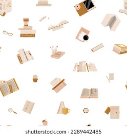 Seamless pattern of books and stationery in beige tones.
