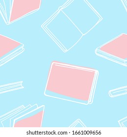 Seamless pattern with books. White outline on a blue background. Vector illustration in sketch style. Hand-drawn.
