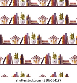 Patrón sin inconvenientes con las estanterías. Libros, casa decorativa, maceta. Librería, librería, concepto de amante de los libros. Ilustración vectorial.