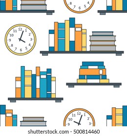 Seamless pattern with bookshelves and clocks, hand drawn illustration vector. Big collection of books, backdrop design. Colorful wallpaper, library with set of books and stack of textbooks on shelves