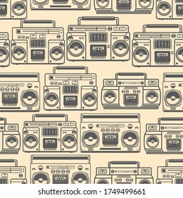 Seamless pattern with boomboxes. Design element for poster, card, banner, t shirt. Vector illustration