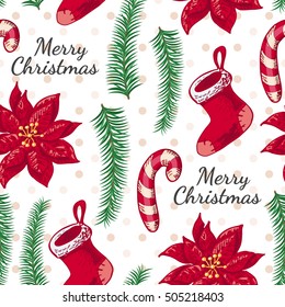 Seamless pattern with boots, candy and Christmas flower. Vector illustration for your design