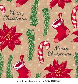 Seamless pattern with boots, candy and Christmas flower. Vector illustration for your design