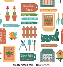 Seamless pattern with boots, garden tools, seeds, tulips. Vector illustration. 