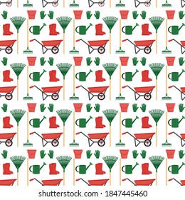 Seamless pattern with boots, gloves, bucket, watering can, wheelbarrow, broom, rake on a white background. Gardening tool in a flat style. Cartoon objects of labor.
Stock vector illustration