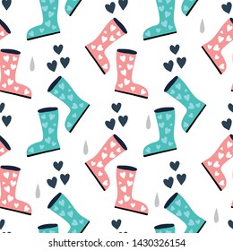 Seamless pattern with boots in Rainey weather.Vector design for wrapping paper, textile. 