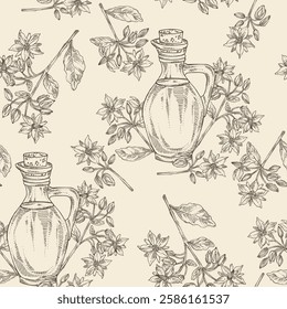 Seamless pattern with borago officinalis: borago officinalis plant, leaves, borago officinalis flowers and bottle of borago oil. Borage grass. Vector hand drawn illustration.