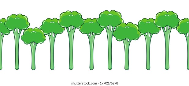 Seamless pattern border broccolini or Chinese baby broccoli on white background. Asian vegetable broccoli, green sprout. Eco vegetarian brassica.Vector illustration flat color icon in white background