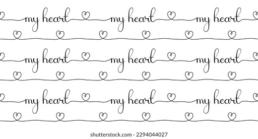 Seamless pattern, border, calligraphy Love you with hearts on a white background. Template, textile, vector

