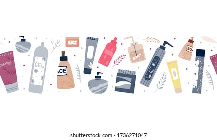 Seamless pattern or border with cosmetics: bottles, shampoos, gels and creams for care. The concept of natural and organic cosmetics for hair and body care. Vector flat illustration in cartoon style.