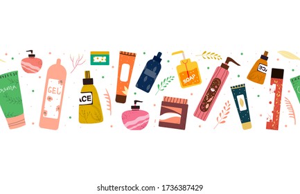 Seamless pattern or border with cosmetics: bottles, shampoos, gels and creams for care. The concept of natural and organic cosmetics for hair and body care. Vector flat illustration in cartoon style.