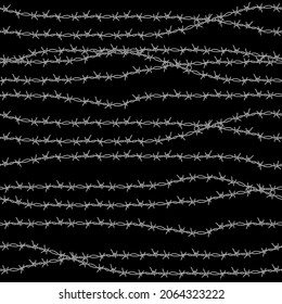 Seamless pattern border of detailed ravel barbed wire, isolated on black background vector illustration