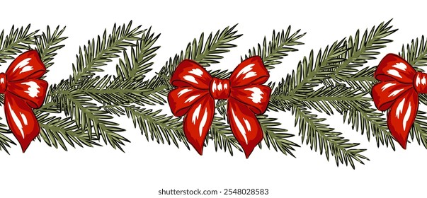 Seamless pattern border edging green pine branches and bright red bows ribbon design vector illustration
